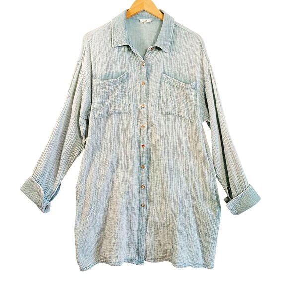 Easel Tops - Easel, Oversize, Long, Button Down Shirt, Soft 100% Cotton, Pockets, Lt. Teal, M